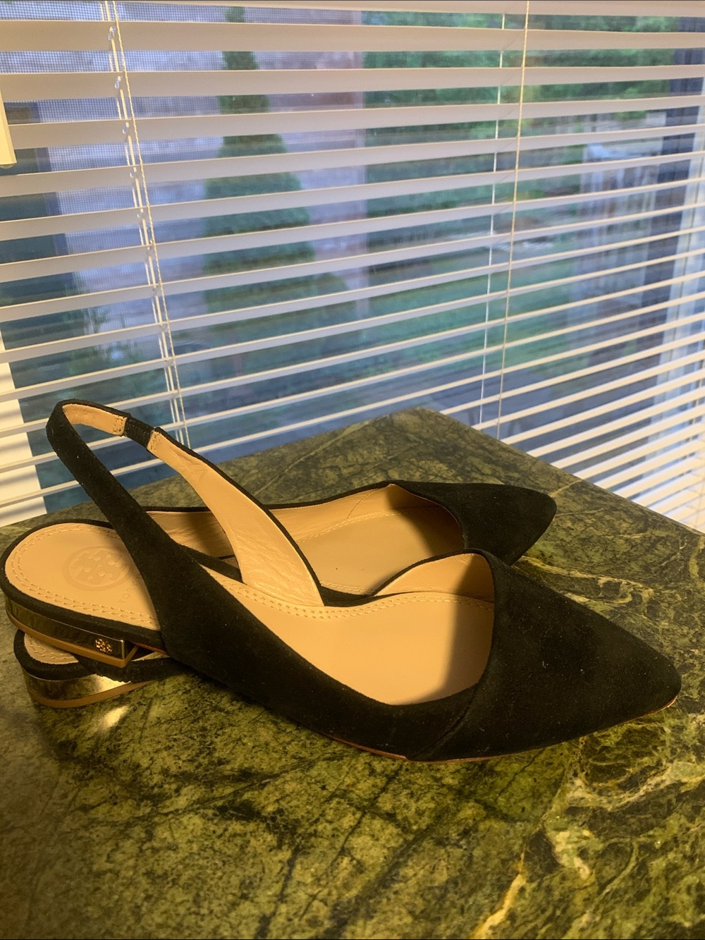 Tory Burch Black Suede Pointed Slingback Flats with Gold Accent Heel